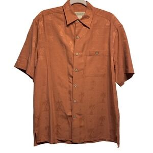 Island Republic Silk Hawaiian Shirt Mens Large Orange Jacquard Palm Tree Camp